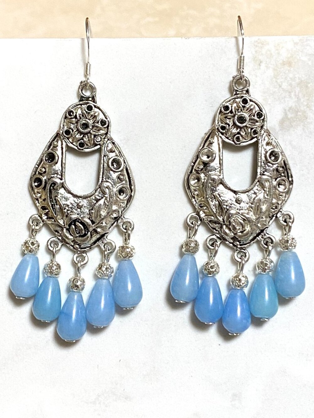 2/$20,Antique Victorian Style Rose Chandelier Earrings, Blue Gemstone & 925 Hook
